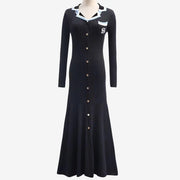 2024 Autumn Elegant Slim Knitted Long Dress Women's Letter Single Breasted Long Sleeved Designer Vintage Dresses Winter Sweater