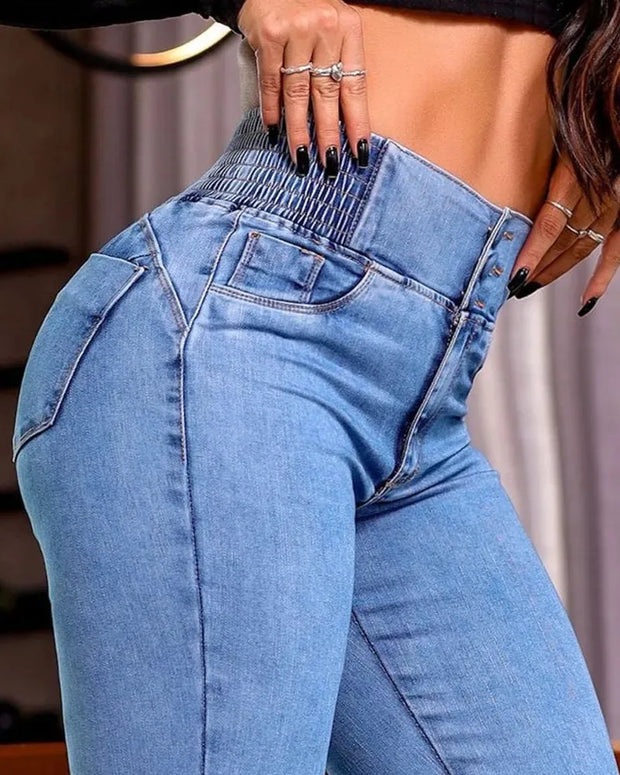 Spring Women Causal Jeans Back Shirred Button Front High Waist Jeans Denim Flare Pants