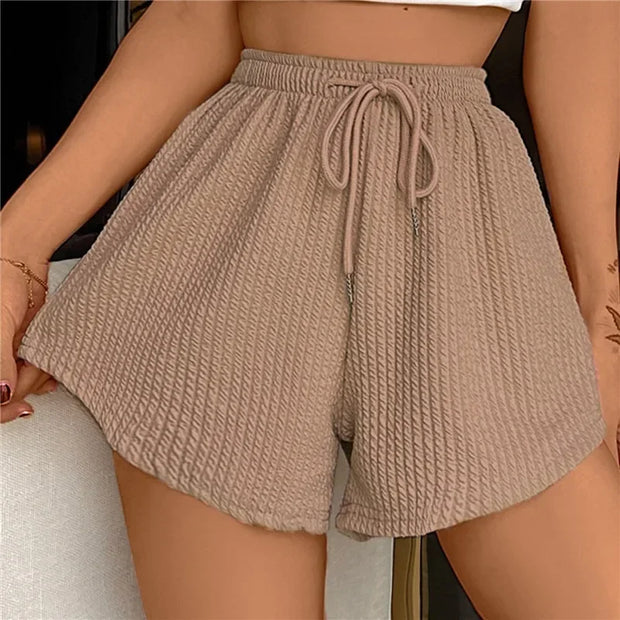 Women Shorts Summer High Elastic Lace Up Drawstring Wide Leg Sweat Short Fitness Running Shorts Loose Casual Large Sports Pants