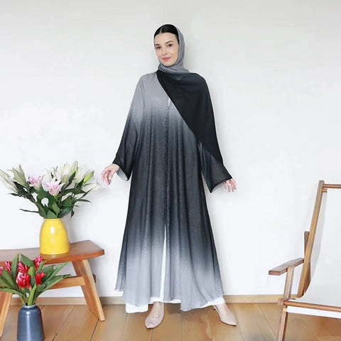 Dubai Luxury Shiny Gradient Color Abaya Open Kimono Muslim Dresses with Scarf Chiffon Modest Robe Khimar Islamic Kebaya Caftan