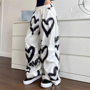 Love Graffiti Wide Leg Pants Women Y2K Elastic High Waist Streetwear Loose Drawstring Jogging Trousers Korean Casual Sweatpants