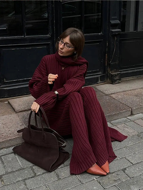 Elegant Burgundy Color Women's Loose Wide Leg Pants Set Chic Scarf Collar V-neck Knitted Sweater Suits Lady Street Knitwear 2024