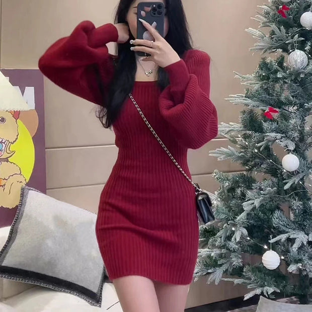 Elegant Solid Knit Mini Dress Women Square Collar Long Lantern Sleeve Dresses