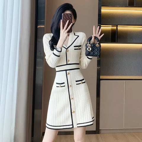 Pink Knitted Dress Women's Autumn New Round Neck High Waist Long Sleeve Slim Sweater A-line Small  Dress