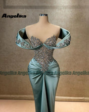 Angelika Attractive Mermaid Formal Evening Dresses for Women Off the Shoulder Rhinestones Ruched Satin V Neck Abendkleider