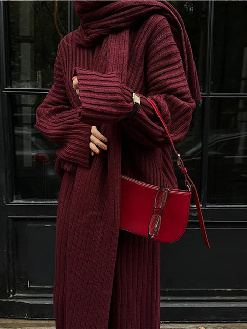 Elegant Burgundy Color Women's Loose Wide Leg Pants Set Chic Scarf Collar V-neck Knitted Sweater Suits Lady Street Knitwear 2024