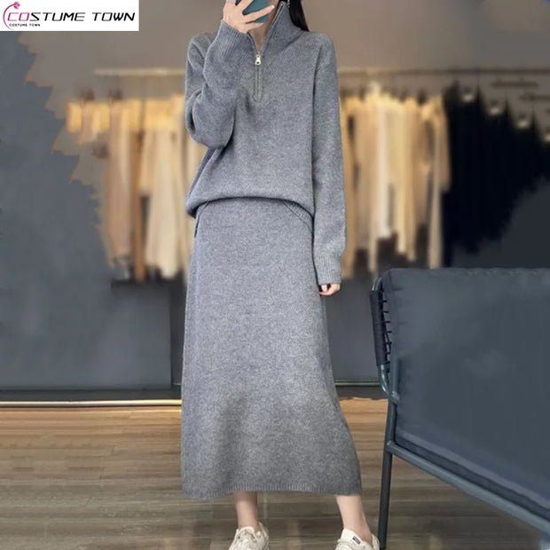 Autumn and Winter Korean Edition New Fashion Set Stand up Collar Zipper Sweater+Skirt Slimming Two Piece Set