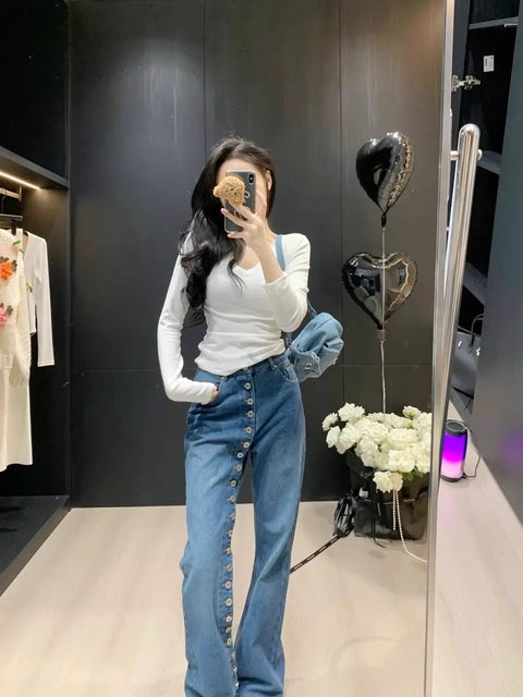 American Breasted Design Vintage Blue Wash Jeans Woman Y2K Streetwear Hip-hop Loose Casual Harajuku High Waist Straight Jeans