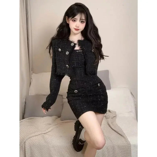 Korean Fashion Short Coat Autumn/Winter New Strap Camisole Dress Wrap Hip Slim Mini Dress Spicy Girl Two Piece Set Women Outfits