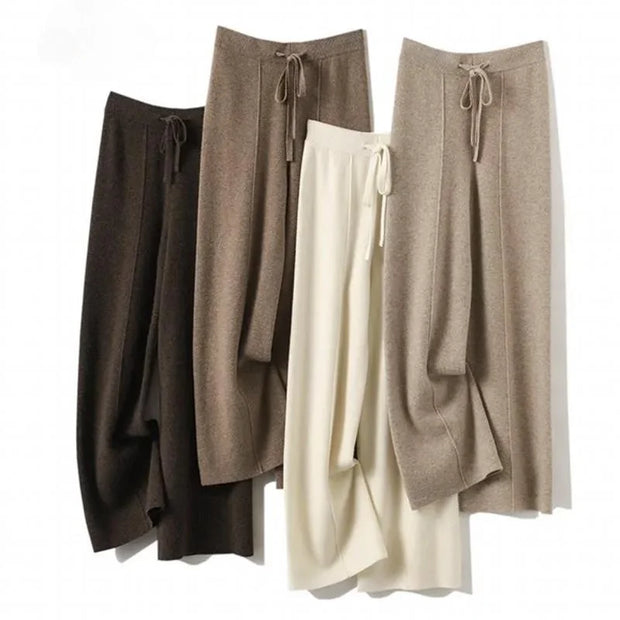 Knitted Wide-Leg Pants Women's Lengthened Mop Pants High Waist Drawstring Straight-Leg Pants Loose Slimming Casual Trousers 2024