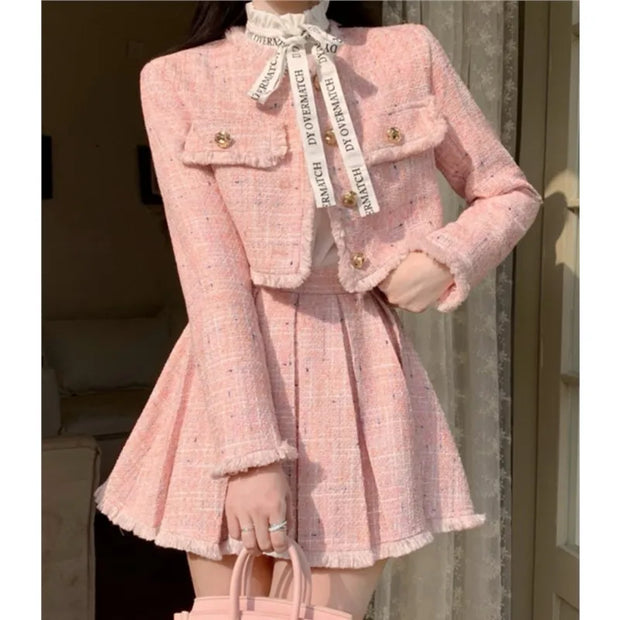 High Quality Tassel Design 2-Piece Sets Women Tweed Autumn New Solid Outfits Long Sleeve Short Jacket Coat + Pleated Skirt Suits