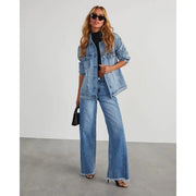 Spring Summer New Women's Clothing Solid Color Loose Wide Leg Side Seam Stitching Frayed Hem Jeans