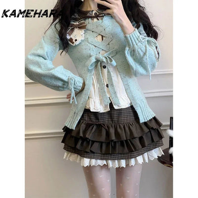 KAMEHARA French Lolita Set Cute Sweet Lapel Long Sleeved Shirt Mint Colored Sweater Short Skirt Spring Autumn 3 Piece Set Платье