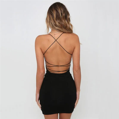 Summer Dress Women Sexy Cross Black Backless Bandage Strap Dress Short Casual Party Midi Vintage Bodycon Dresses