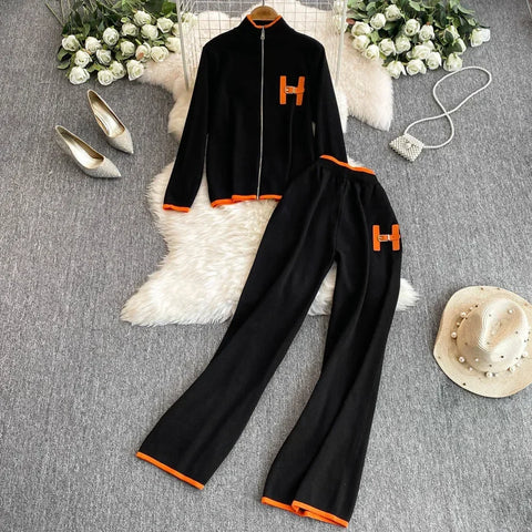 Autumn Korean Fashion 2 Piece Set Women Y2k Long Sleeved Knit Sweater+High Waist Slim Straight Leg Pants Casual Office Lady Suit