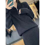 Autumn and Winter Korean Edition New Fashion Set Stand up Collar Zipper Sweater+Skirt Slimming Two Piece Set