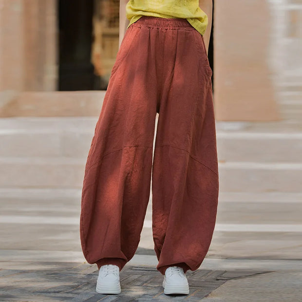 Elegant Women's Cotton Linen Baggy Cargo Pants Vintage Elastic Waist Yoga Trousers Loose Casual Long Wide Leg Oversize Clothes