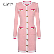 ZJYT Autumn Winter Women's Sheath Knitting Sweater Dresses Long Sleeve Single Breasted Short Party Dress Elegant Female Vestidos