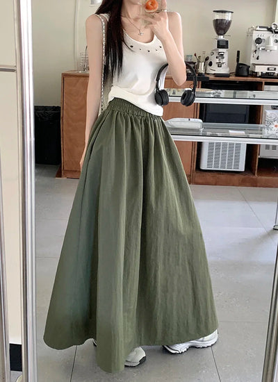 Chic Women Pockets A-Line Long Skirts Ladies Casual Loose Elastic High Waist Midi Skirt 2024 Spring Summer