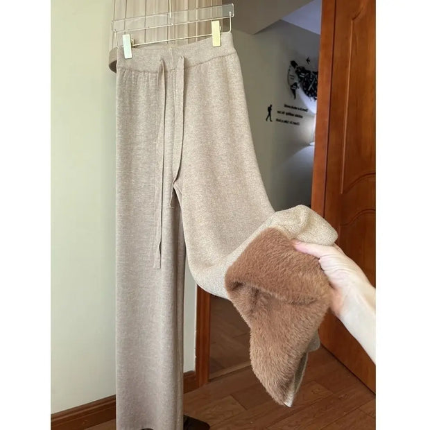 Korean Fashion Simple Knit Wide-leg Pants Women's Autumn Winter High-waisted Moped Thick Casual Pants Straight Pants