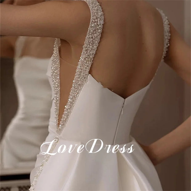 Customized Love Elegant Spaghetti Straps Sequin Bead Mermaid Stain Wedding Dress Gorgeous Backless Floor Length Bride GownS Robe