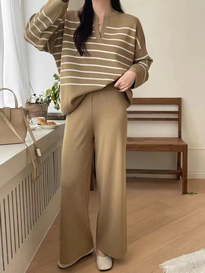 Women's Sweater Matching Set Winter New In Stripe Knit Pullover Long Sleeve Top Wide Leg Pants Set Casual Elegant Women's Sets