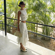 WhereMery Temperament Casual Dress Set Summer Slim Fit Sleeveless Lace Hollow Top with White Beach Skirt Two Piece Set