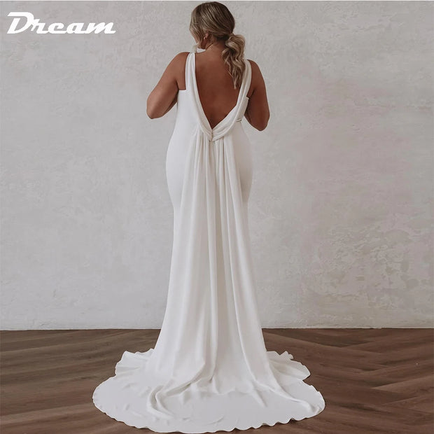 DREAM Customized Deep V Neck Crepe Detachable Train Mermaid Wedding Dress 2025 Sleeveless Open Back Simple Bridal Gowns Elegant