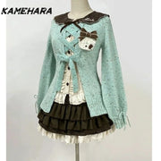 KAMEHARA French Lolita Set Cute Sweet Lapel Long Sleeved Shirt Mint Colored Sweater Short Skirt Spring Autumn 3 Piece Set Платье