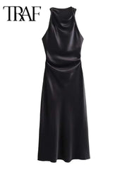 TRAF Satin Long Dresses for Women 2024 Summer Slip Midi Dress Woman Sexy Evening Party Dress Sleeveless Female Elegant Dresses