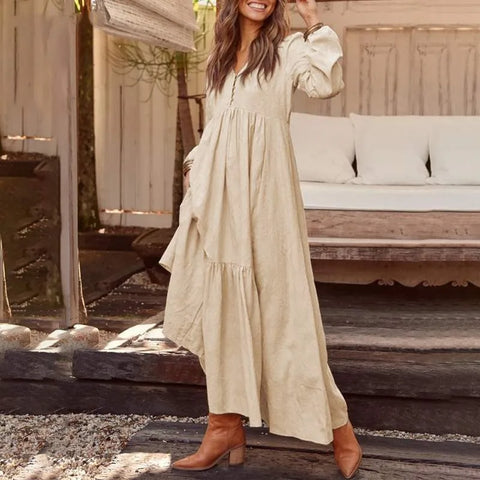 Dresses For Women Long Dress 2023 New Loose Fashion V-Neck Casual Solid Long Sleeve A-Line Sexy Dresses Elegant Ruffles Vestido