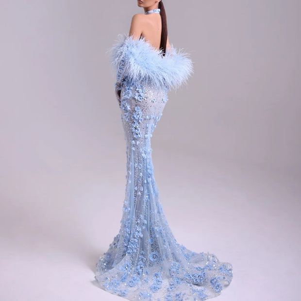 Bella Customize Blue Mermaid Feathers robes de soirée 3D Flowers Halter Neck Prom Dresses Gloves Floor-Length Wedding Dress 2025