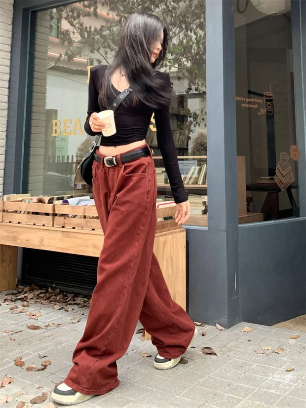 Wide Leg Jeans Women Loose Floor Length Red Vintage All-match Chic Autumn Winter Empire Daily Streetwear Female Fashion Ins New