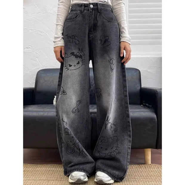 Sanrio Hello Kitty Wide Leg Pants Y2K Korean Version Streetwear Jeans Women Vintage Blue Loose Straight Trousers Cartoon Fashion