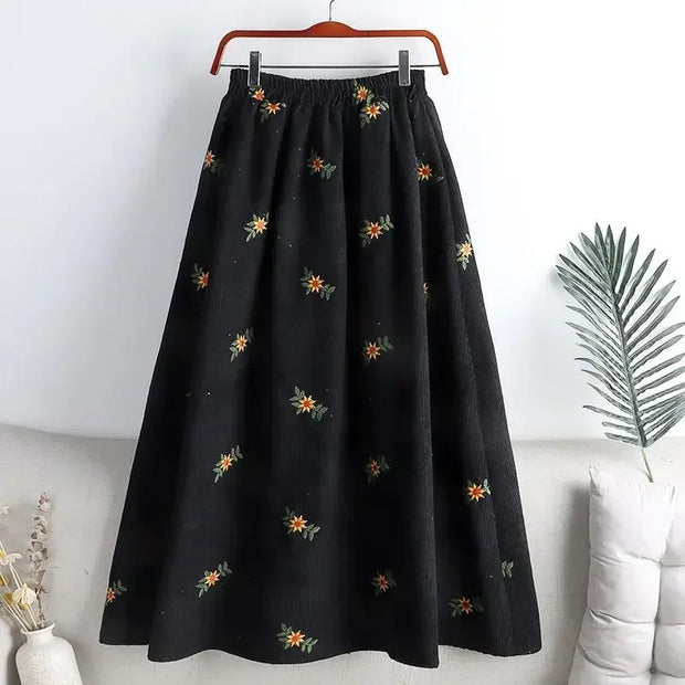 Corduroy Embroidery Women Skirts Autumn Winter New Arrival Floral Skirts Female High Waist Slimming Mid-calf Skirts for Women