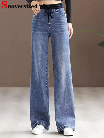 Women Elastic High Waist Straight Jeans Korean Baggy Oversize 85kg Wide Leg Denim Pants Spring Fall Causal Vintage Kot Pantolon