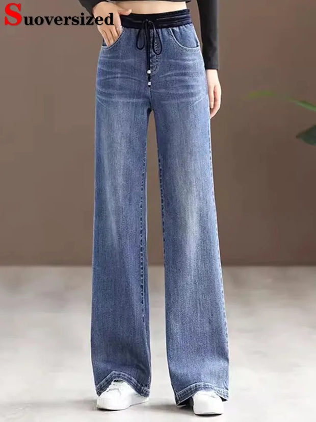 Women Elastic High Waist Straight Jeans Korean Baggy Oversize 85kg Wide Leg Denim Pants Spring Fall Causal Vintage Kot Pantolon