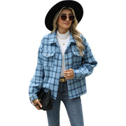 New Style Lapel Plaid Long Sleeved Loose Cardigan Woolen Coat for Women