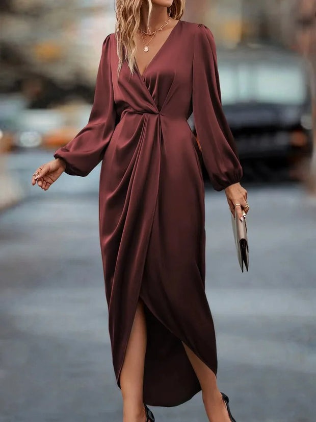 2023 Autumn and Winter New European and American Fashion Solid Color Waist Slit V-Neck Long Sleeve Dress for Women long dresses