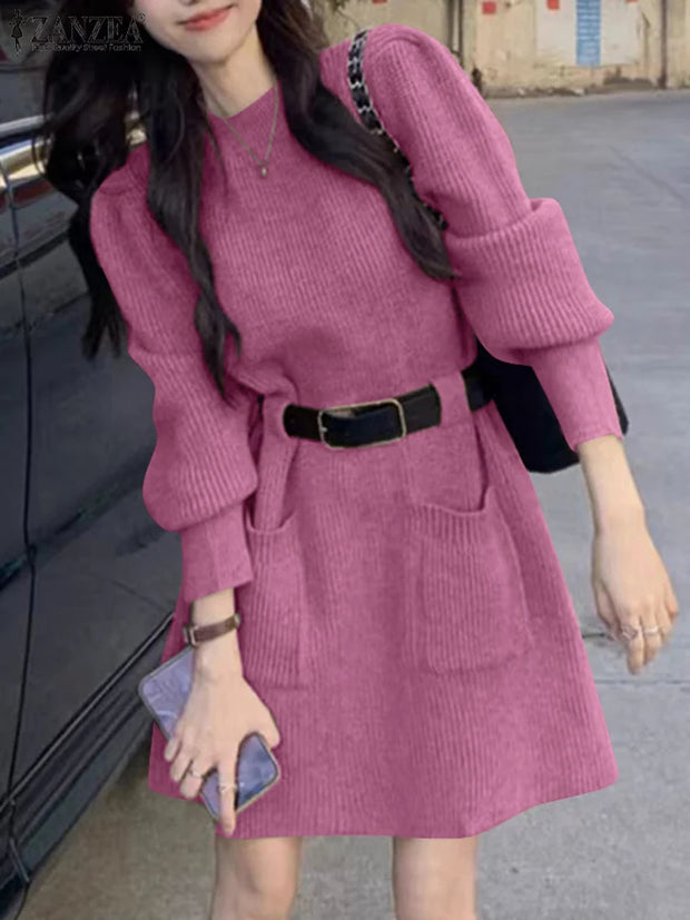 ZANZEA Korean Fashion Solid Basic Dresses Vintage Knitted Dress Women Long Sleeve Vestidos 2025 Spring Pocket No Belted Robes