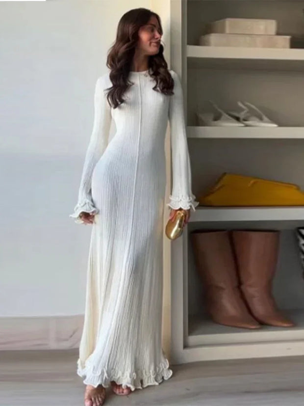 Elegant Women's Ruffles Hem Flare Sleeve Knitted Long Dress Chic Backless Lace Up Round Neck Vestido New Female Vacation Robes