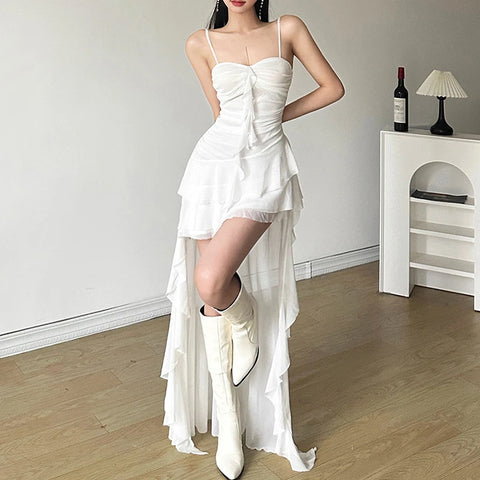 MEXZT Y2K Irregular White Midi Dress Women Gothic Sexy Spaghetti Straps Ruffles Black Dresses Summer Korean Red Bodycon Vestidos