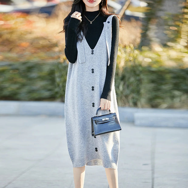 Spring and autumn knitted strap dress women's wool sweater fashion large size pullover strap skirt V-neck Chic button Long dress