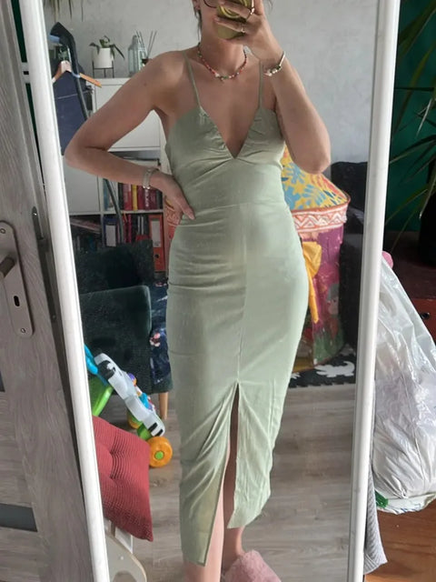 TRAF 2024 Green Slip Midi Dress Woman Sleeveless Backless Dress Women Summer Sexy Long Dresses Slit Evening Party Dresses