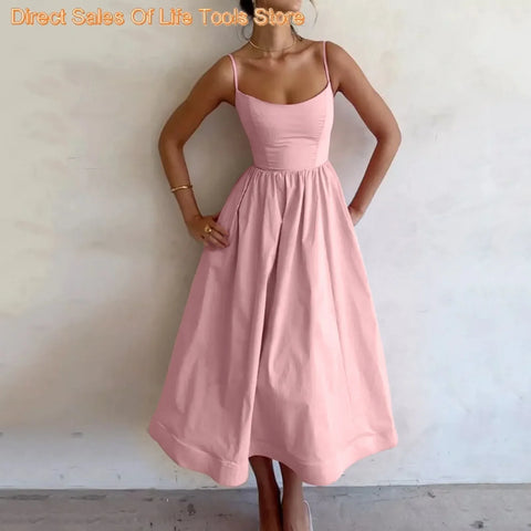 Fashion Solid Pleated Strap Dress Women Elegant Solid Sleeveless Midi Dresses 2024 Summer Casual Female Holiday Robe Vestidos