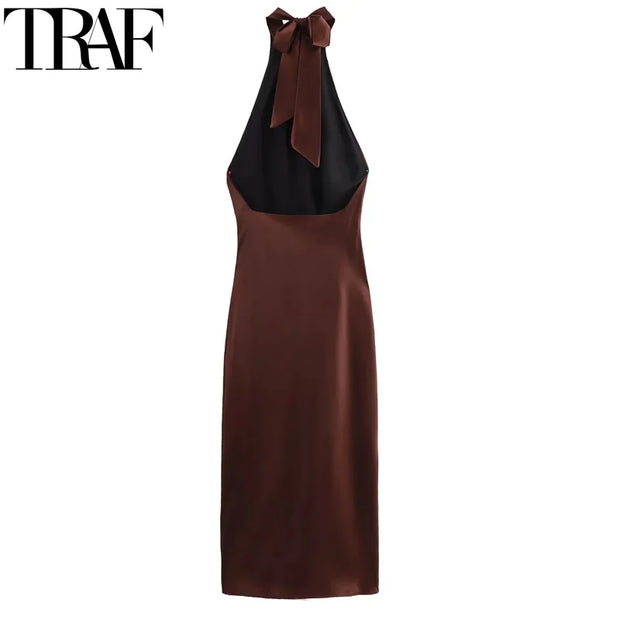 TRAF Halter Satin Long Dress Women Tied Backless Brown Midi Dress Summer Off Shoulder Party Dresses Pleated Evening Dress