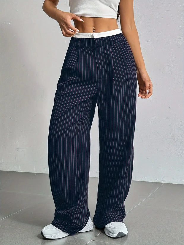 Women Stripes Printed Full Length Pants Trousers High Waist Fashion Casual Y2K Pants Loose Wide Leg